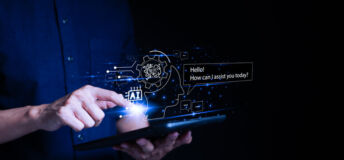 A.I., Chat with AI, Artificial Intelligence. Man using a smartphone chatting with an intelligent artificial intelligence asks for the answers he wants. by enter command prompt for generates,