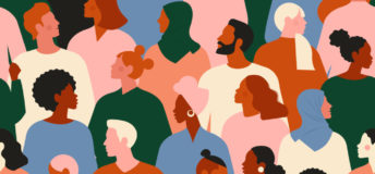 People of different genders and ethnicities in an illustrated crowd