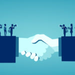 An illustration of two businesspeople shaking hands. On top of their arms are smaller businesspeople communicating with each other
