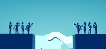 An illustration of two businesspeople shaking hands. On top of their arms are smaller businesspeople communicating with each other