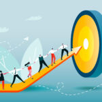 Illustration of individuals climbing a yellow arrow to reach a yellow and blue target