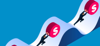 Illustration of businessmen pushing coins up and down slopes