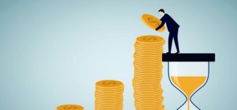 Illustration of a man stacking up gold coins beside an hourglass