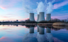 Nuclear power plant with dusk landscape.