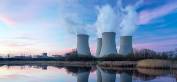 Nuclear power plant with dusk landscape.