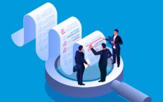 Photo illustration of attorneys/lawyers examining a document.