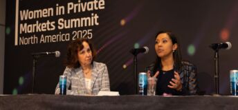 Lori Hall-Kimm (right), head of global private equity, Healthcare of Ontario Pension Plan&nbsp;(HOOPP), speaks at the Women in Private Equity Forum in New York on May 13, 2025.