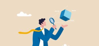 An illustration of a person holding an object and viewing it through a magnifying glass. The image symbolizes market due diligence.