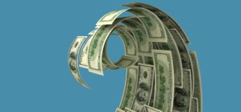 An ocean wave made up of dollar bills