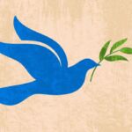Illustration of dove holding olive branch, representing peace.