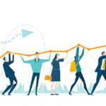 Illustration of a group of people holding up a graph arrow