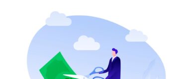 Photo illustration of man cutting money with scissors.