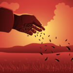 Photo illustration of a hand sowing seeds.