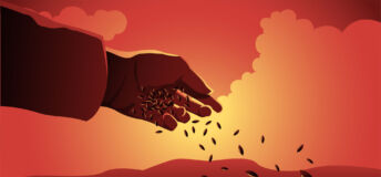 Photo illustration of a hand sowing seeds.