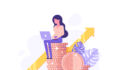 Illustration of women in finance. Illustration of a woman sitting on pile of gold coins as she uses a computer
