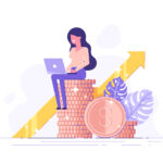 Illustration of women in finance. Illustration of a woman sitting on pile of gold coins as she uses a computer