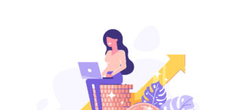 Illustration of women in finance. Illustration of a woman sitting on pile of gold coins as she uses a computer